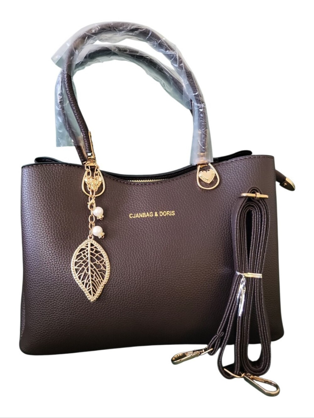 Classic Brown Women's Satchel Handbag with Leaf Charm